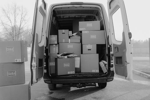 pexels-photo-6169662-6169662-1 Open delivery van loaded with various boxes labeled as fragile, ready for shipment.